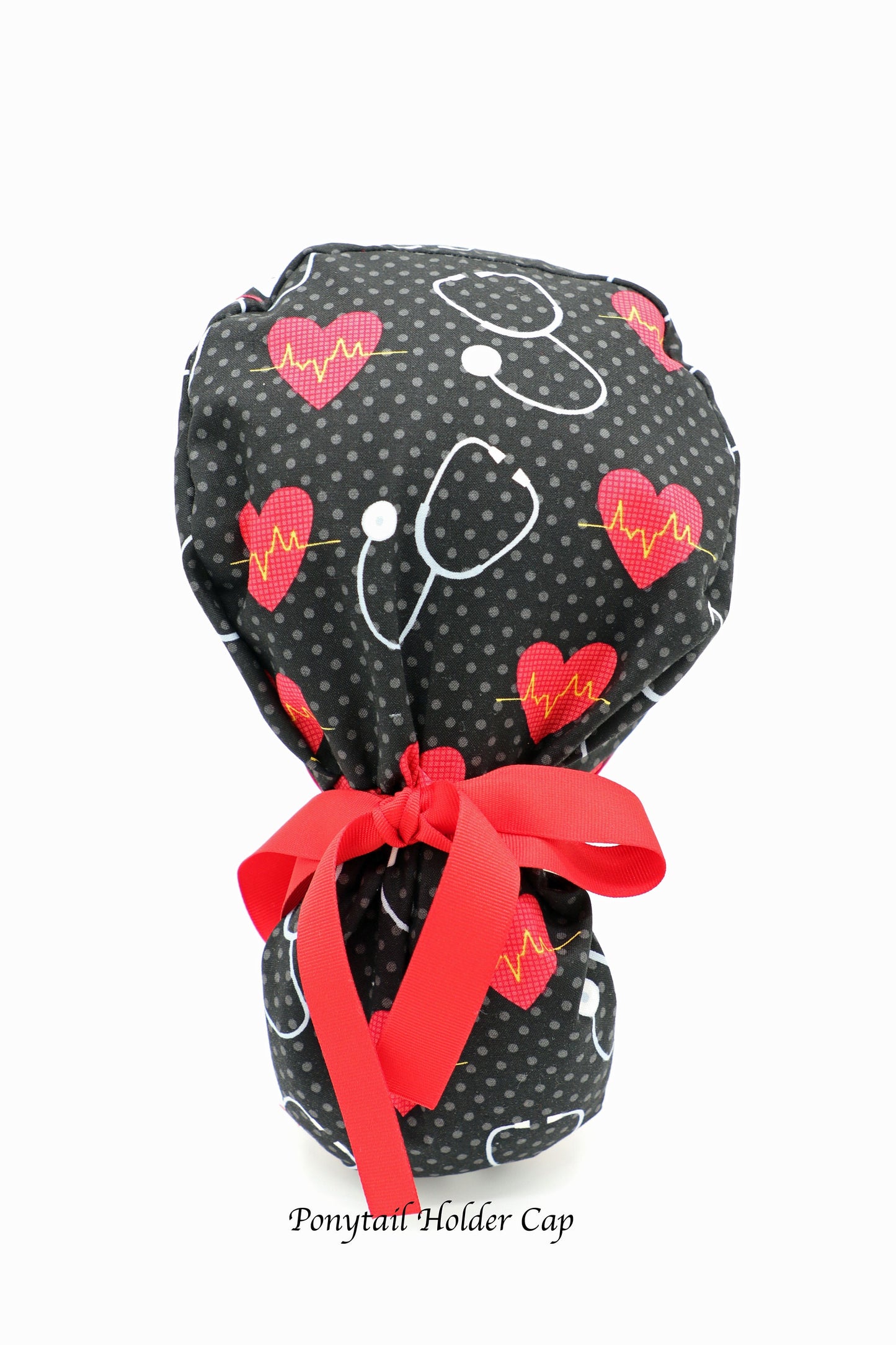 Nurse Scrub Cap: Stethoscope & Hearts, Cotton Ponytail Holder