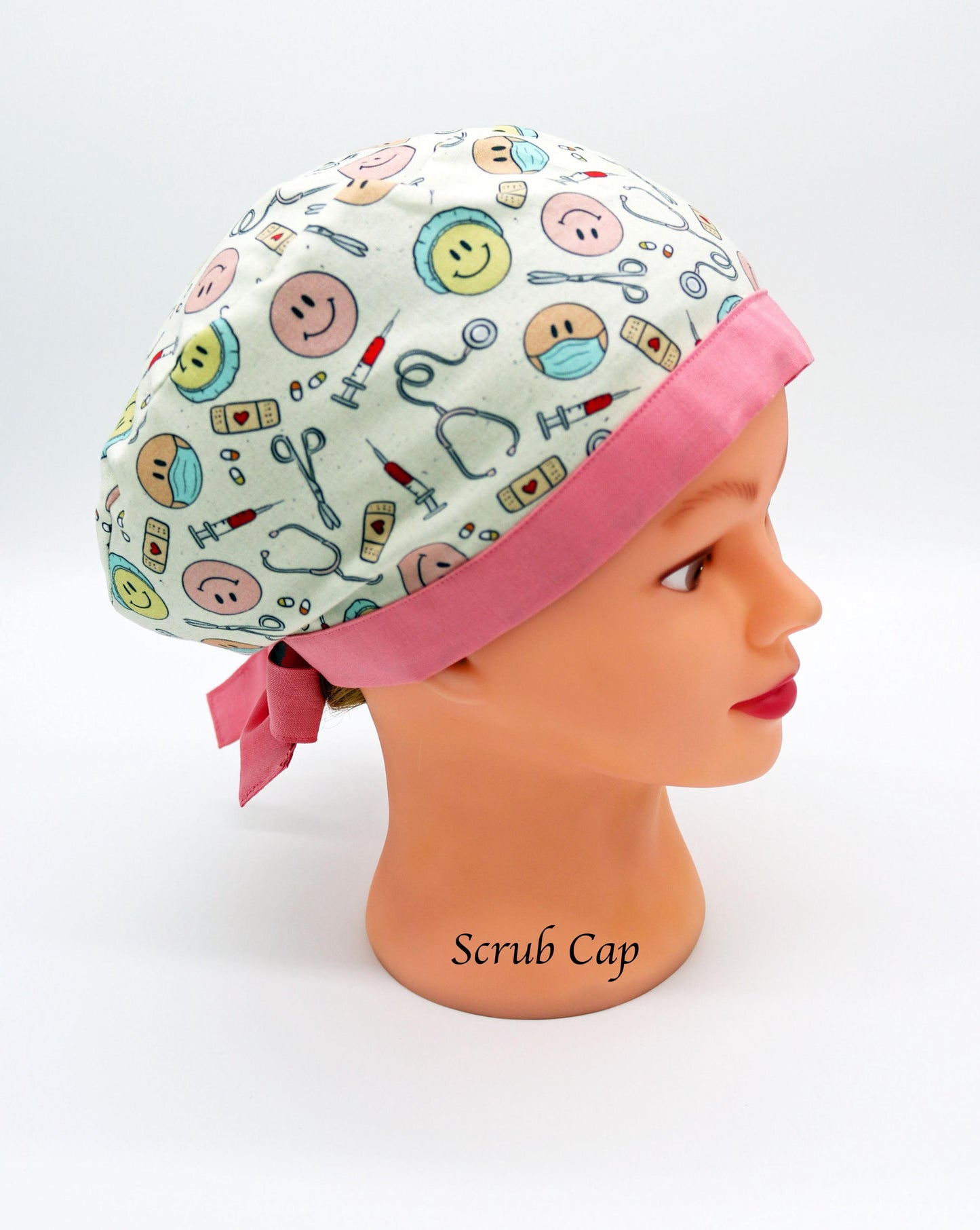 Happy Face Nurse Scrub Cap: Ponytail or Traditional Cotton Surgical Cap