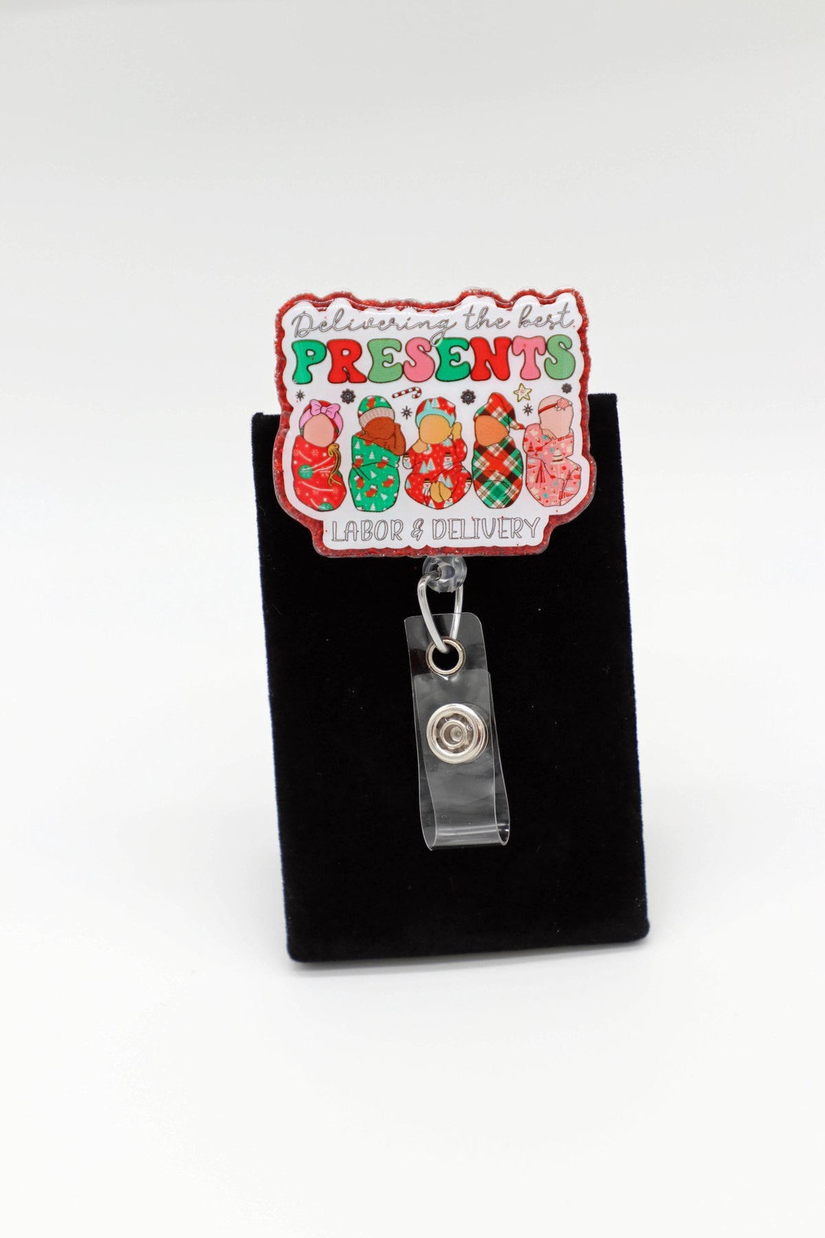 Christmas Baby Presents Badge Reel, L&D Nurse, Glitter UV Resin