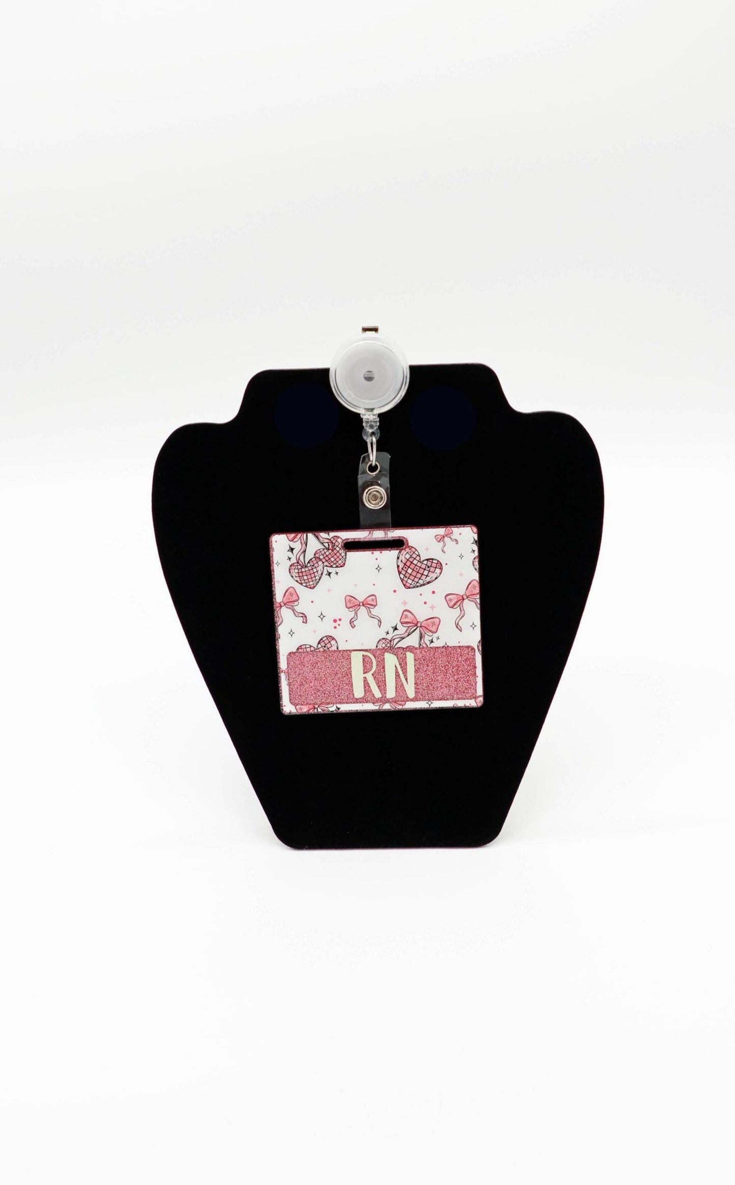 Personalized Coquette Badge Buddy, Pink Disco Hearts, Valentine's Day