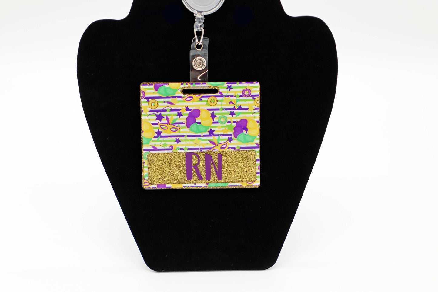 Personalized Mardi Gras Badge Buddy, King Cake, Masquerade