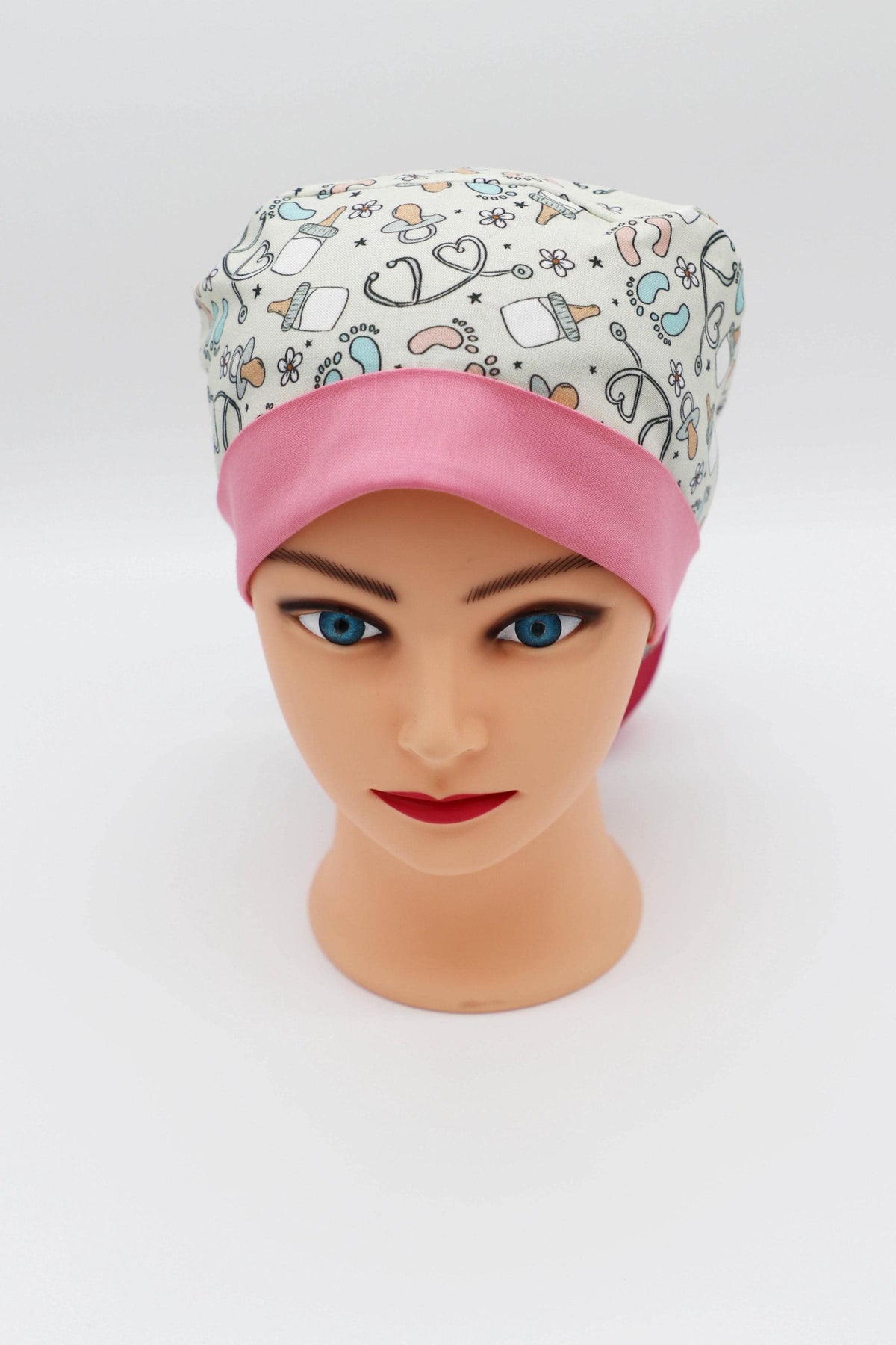 Labor and Delivery Nurse Scrub Cap, Baby Feet Print, Breathable Cotton (Ponytail Option)