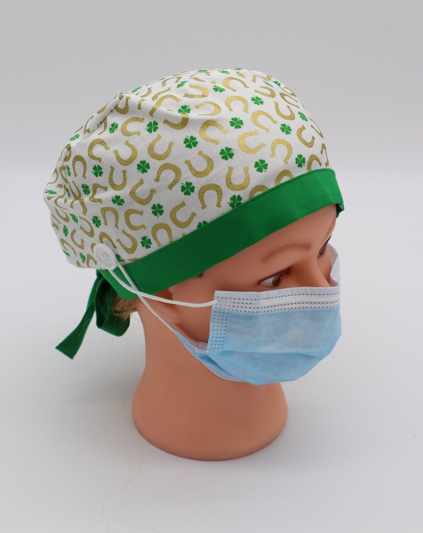 St. Patrick's Day Nursing Scrub Cap, St. Patty's Nurse Cap, Four Leaf Clover Scrub Cap, Ponytail Holder Scrub Cap, Surgical Scrub Cap