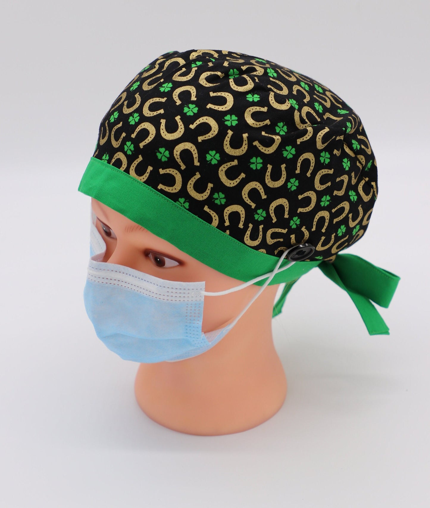 St. Patrick's Day Nursing Scrub Cap, St. Patty's Nurse Cap, Four Leaf Clover Scrub Cap, Ponytail Holder Scrub Cap, Surgical Scrub Cap