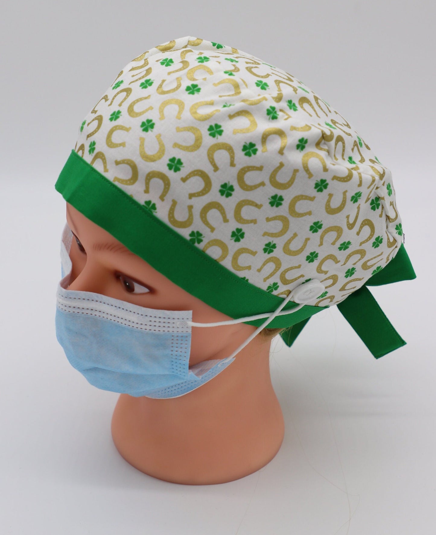 St. Patrick's Day Nursing Scrub Cap, St. Patty's Nurse Cap, Four Leaf Clover Scrub Cap, Ponytail Holder Scrub Cap, Surgical Scrub Cap