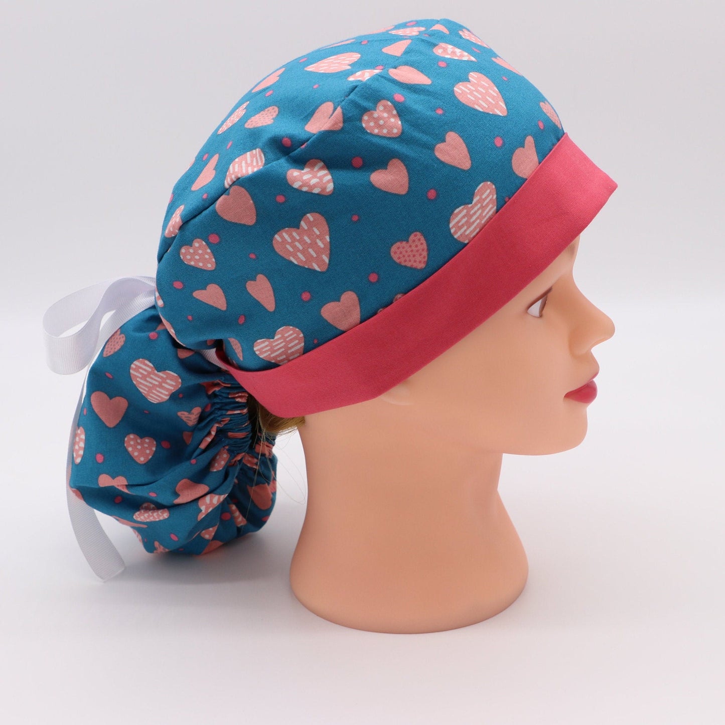 Heart Print Nurse Scrub Cap: Ponytail Holder, Cotton