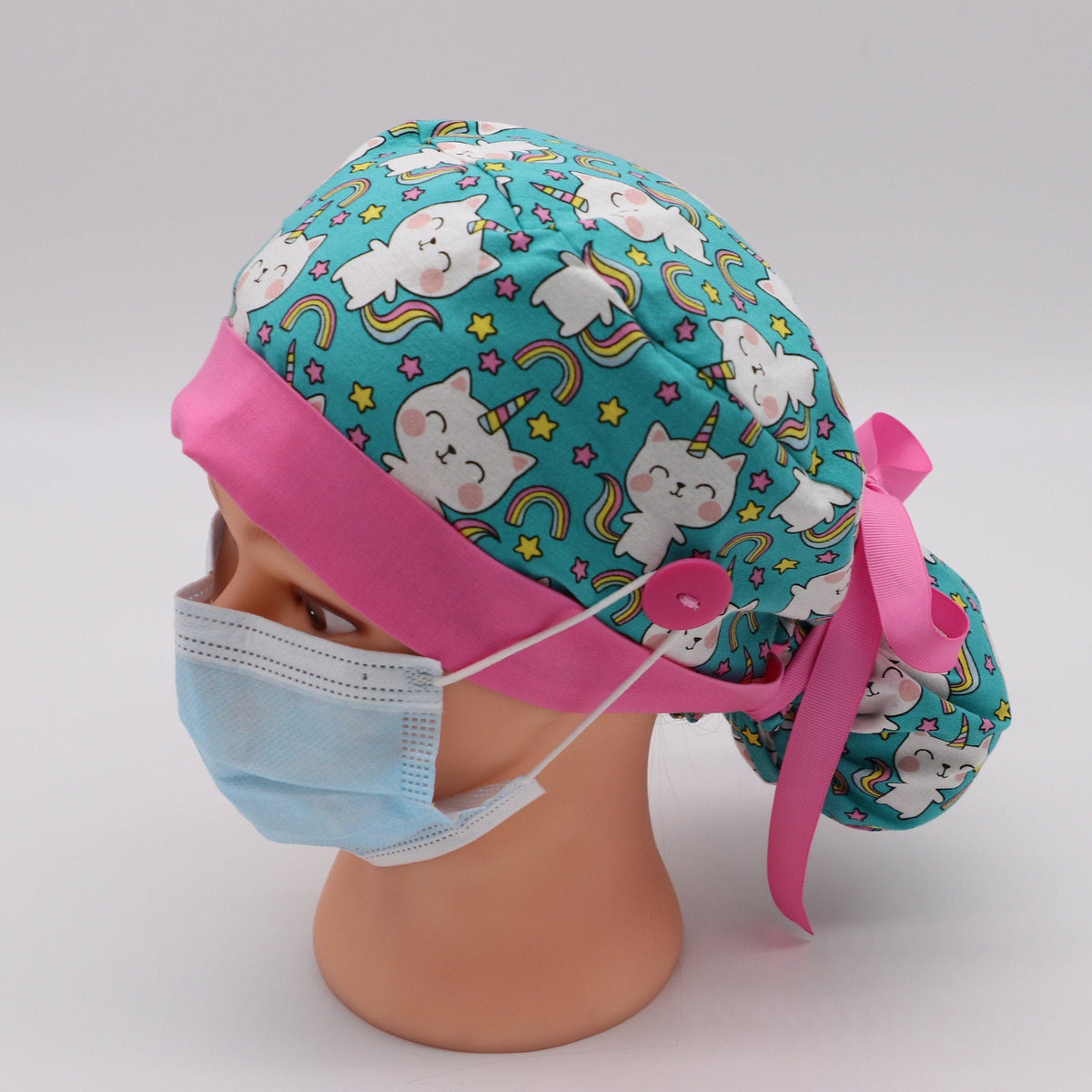 Unicorn Kitty Nurse Scrub Cap: Ponytail Holder, Cotton Surgical Cap