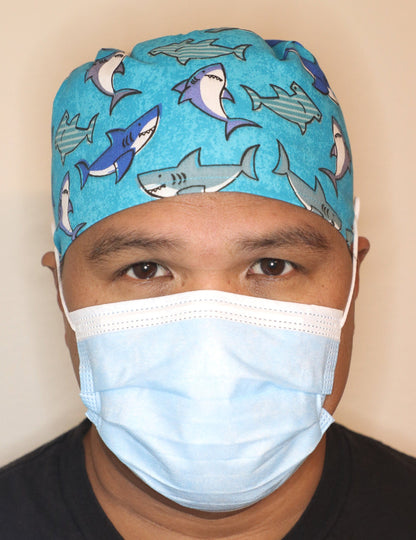 Shark Scrub Cap: Cotton Tie Back Surgical Cap