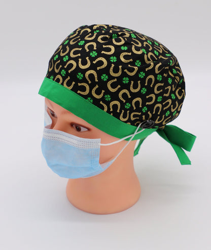St. Patrick's Day Nursing Scrub Cap, St. Patty's Nurse Cap, Four Leaf Clover Scrub Cap, Ponytail Holder Scrub Cap, Surgical Scrub Cap