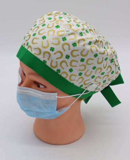 St. Patrick's Day Nursing Scrub Cap, St. Patty's Nurse Cap, Four Leaf Clover Scrub Cap, Ponytail Holder Scrub Cap, Surgical Scrub Cap
