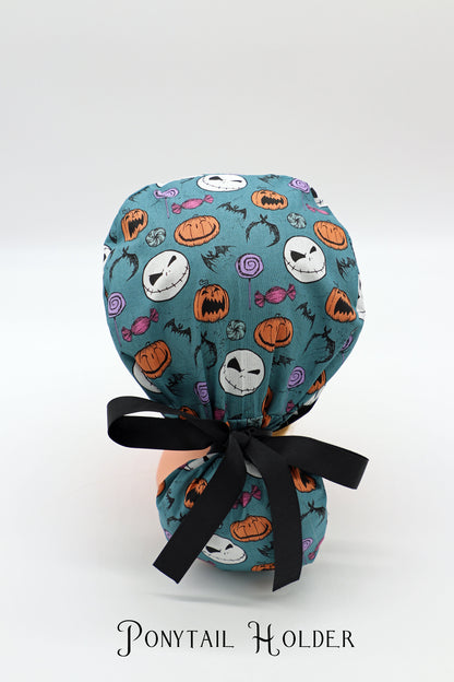 Jack Skellington Scrub Cap, Nightmare Before Christmas Scrub Cap, Nursing Scrub Cap, Ponytail Holder Cap, Halloween Scrub Cap, RN Scrub Cap