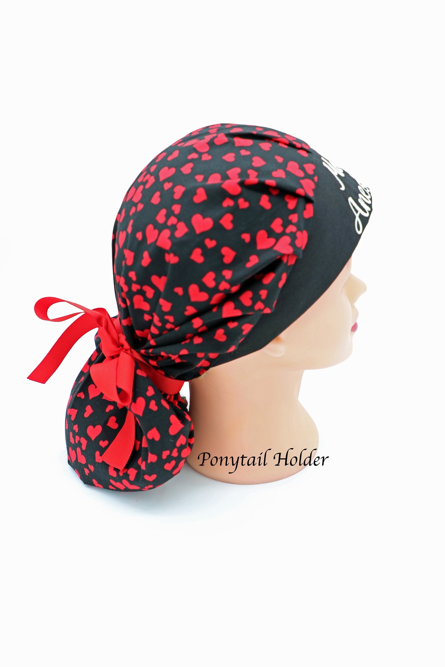 Red Heart Bouffant/Ponytail Holder Cap, Personalized Scrub Cap, Custom Scrub Cap, Bouffant Scrub Cap, Ponytail Holder Scrub Cap, Nurse Cap