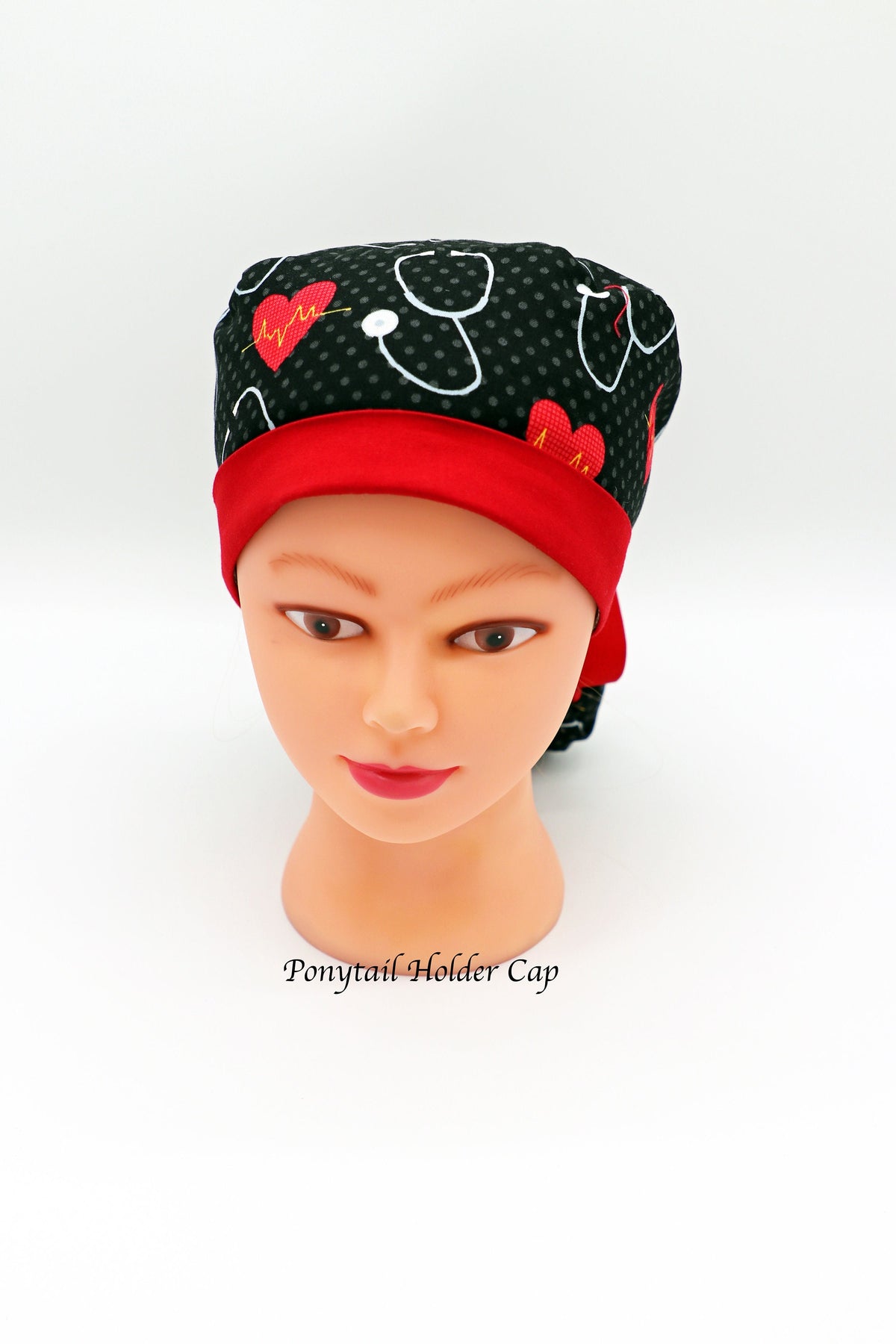 Nurse Scrub Cap: Stethoscope & Hearts, Cotton Ponytail Holder
