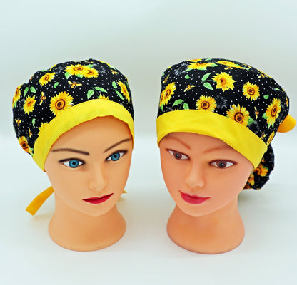 Sunflower Nurse Scrub Cap: Cotton Ponytail or Traditional Style