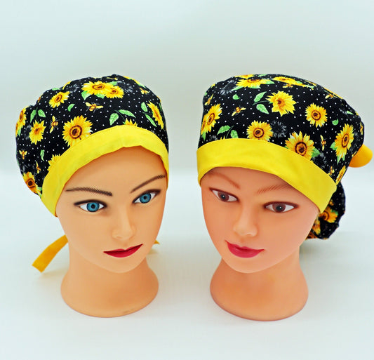 Sunflower Nurse Scrub Cap: Cotton Ponytail or Traditional Style