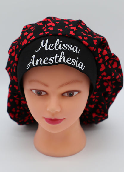 Red Heart Bouffant/Ponytail Holder Cap, Personalized Scrub Cap, Custom Scrub Cap, Bouffant Scrub Cap, Ponytail Holder Scrub Cap, Nurse Cap