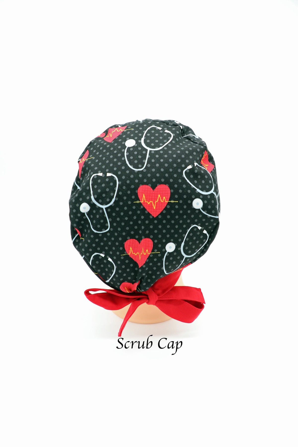 Nurse Scrub Cap: Stethoscope & Hearts, Cotton Ponytail Holder