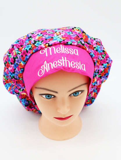 Bright Floral Bouffant Scrub Cap, Ponytail Holder, Custom Embroidery