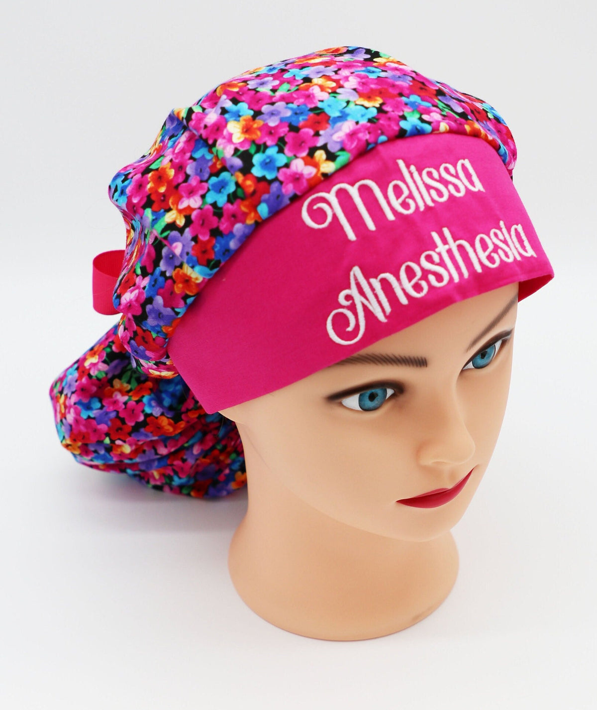 Bright Floral Bouffant Scrub Cap, Ponytail Holder, Custom Embroidery