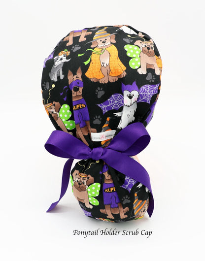 Halloween Scrub Cap, RN scrub Cap, Ponytail Holder Scrub Cap, Dog Scrub Cap, OR Scrub Cap, Veterinarian Scrub Cap, Surgical Tech Scrub Cap