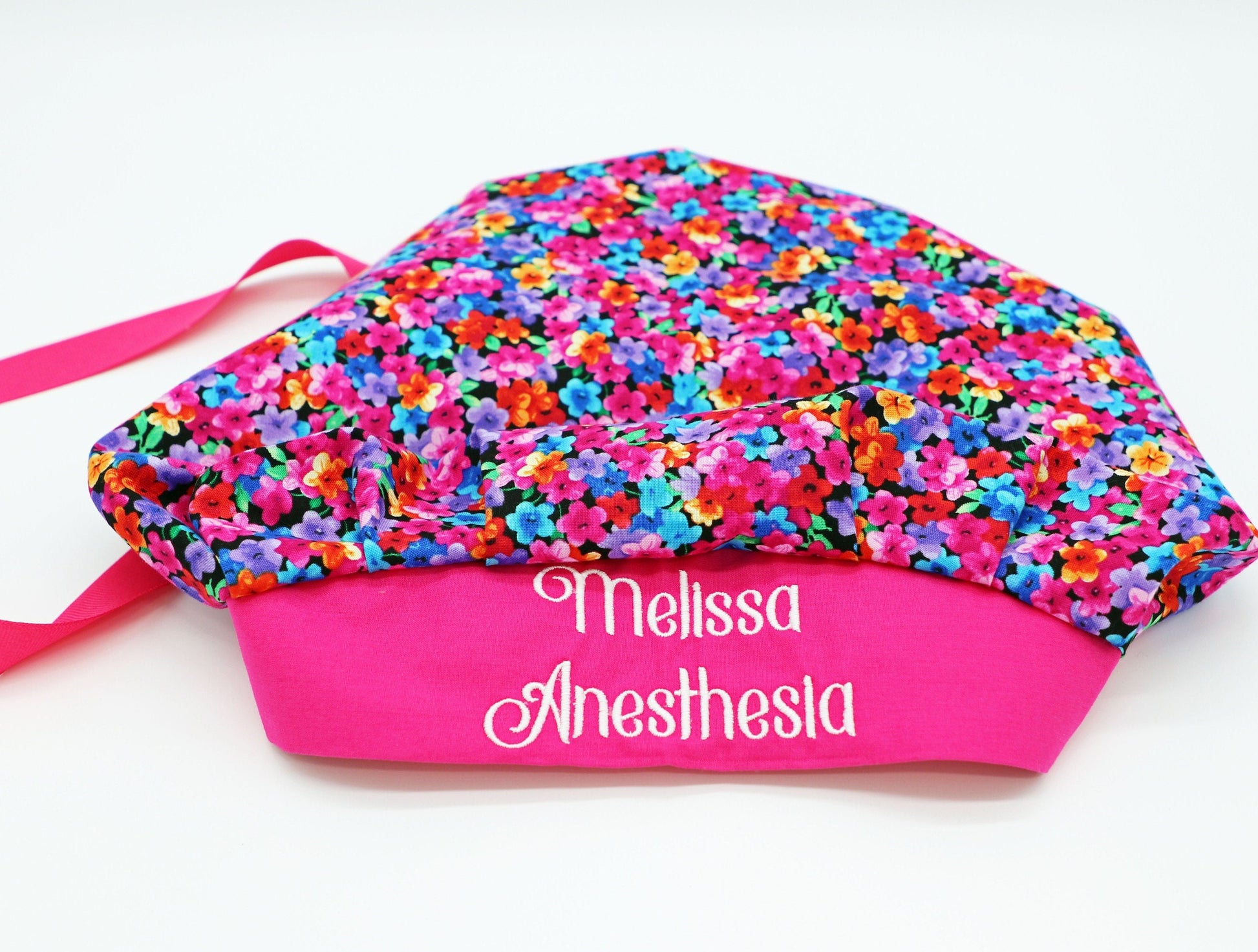 Bright Floral Bouffant Scrub Cap, Ponytail Holder, Custom Embroidery
