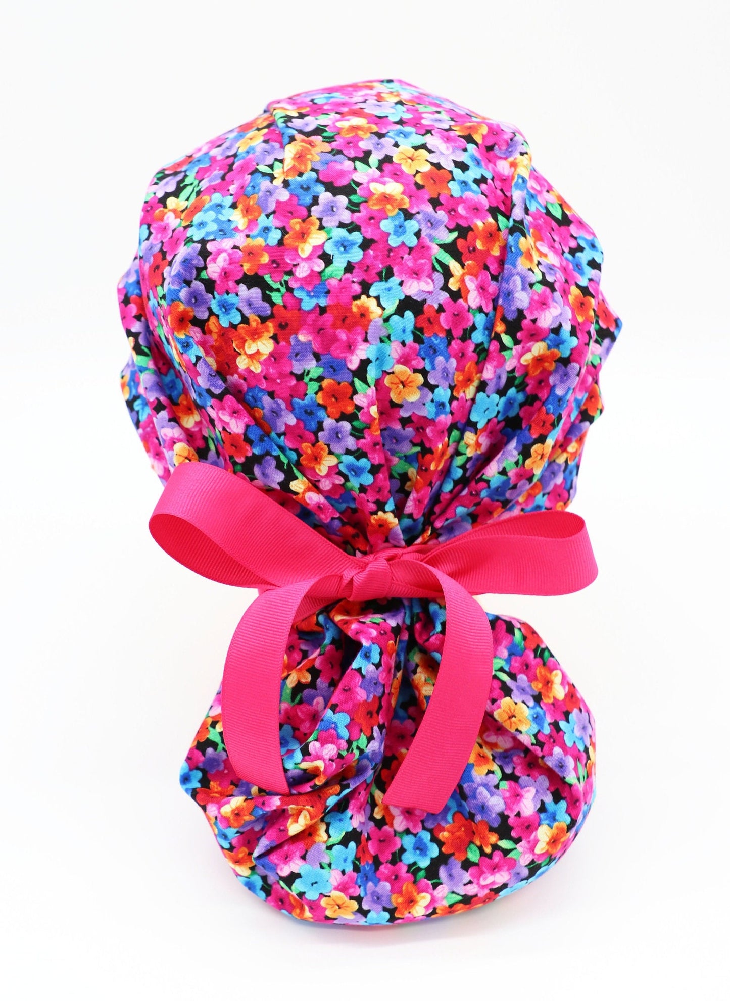 Bright Floral Bouffant Scrub Cap, Ponytail Holder, Custom Embroidery