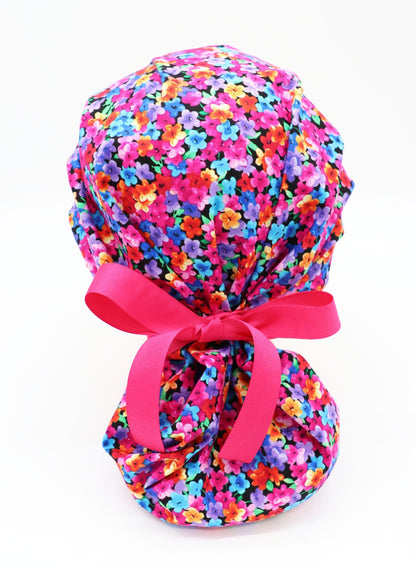 Bright Floral Bouffant Scrub Cap, Ponytail Holder, Custom Embroidery
