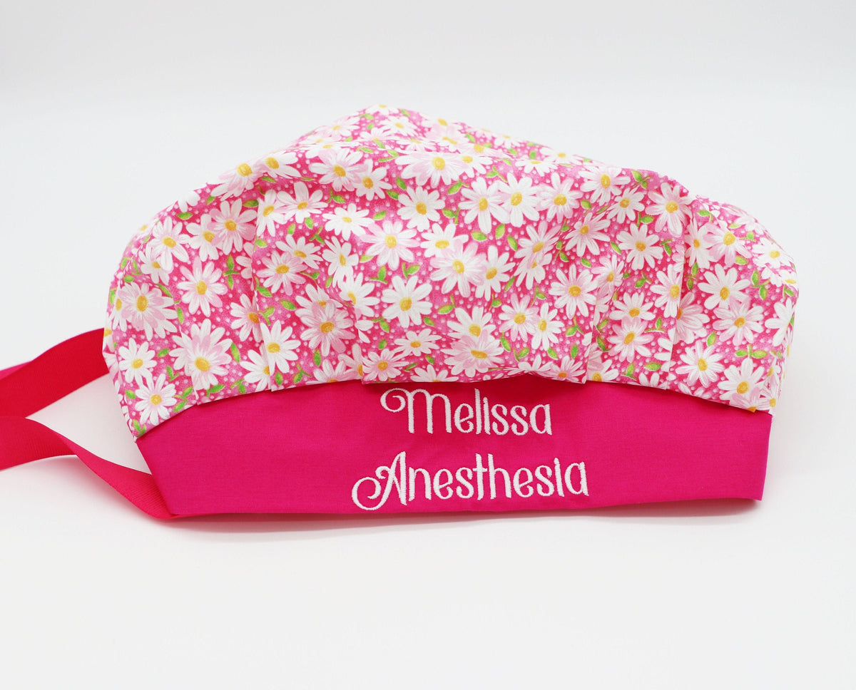 Daisy Bouffant Scrub Cap: Ponytail Holder, Custom Embroidered Nurse Cap