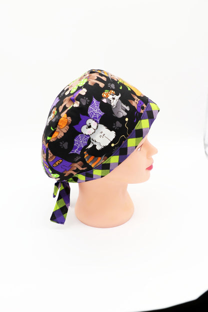 Halloween Dog Print Scrub Cap: Cotton Nurse or Ponytail Cap