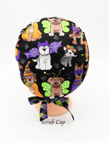 Halloween Scrub Cap, RN scrub Cap, Ponytail Holder Scrub Cap, Dog Scrub Cap, OR Scrub Cap, Veterinarian Scrub Cap, Surgical Tech Scrub Cap