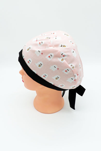 Halloween Scrub Cap: Ghost with Coffee, Ponytail or Traditional