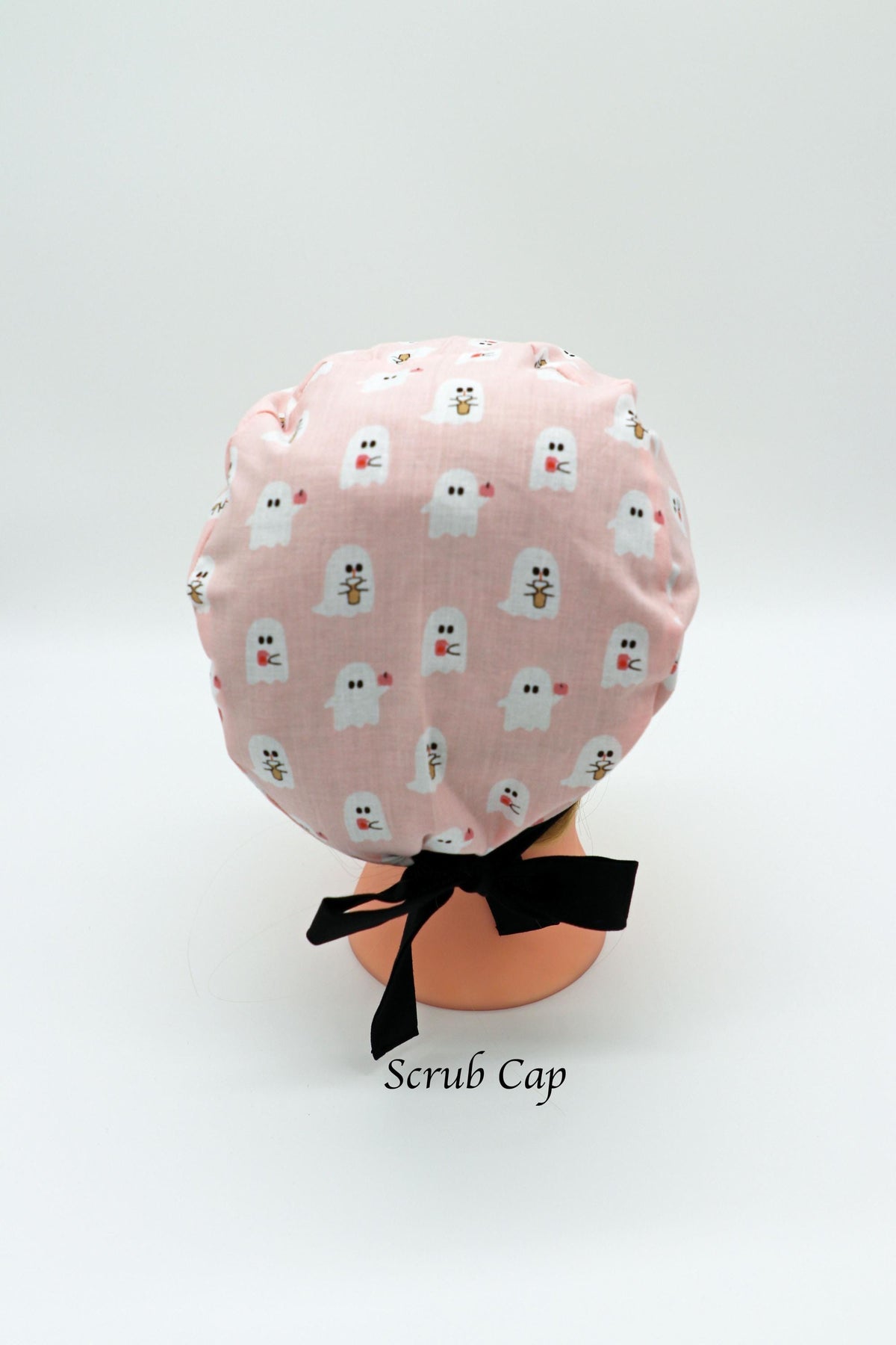 Halloween Scrub Cap: Ghost with Coffee, Ponytail or Traditional