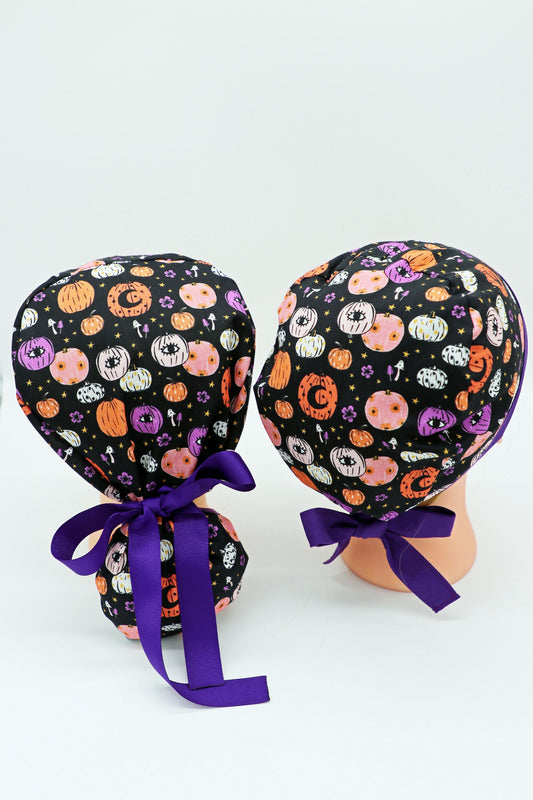 Halloween Scrub Cap, Ponytail Holder Scrub Cap, Pink Pumpkin Scrub Cap, Nursing Scrub Cap, RN Scrub Cap, Medical Surgical Scrub Cap