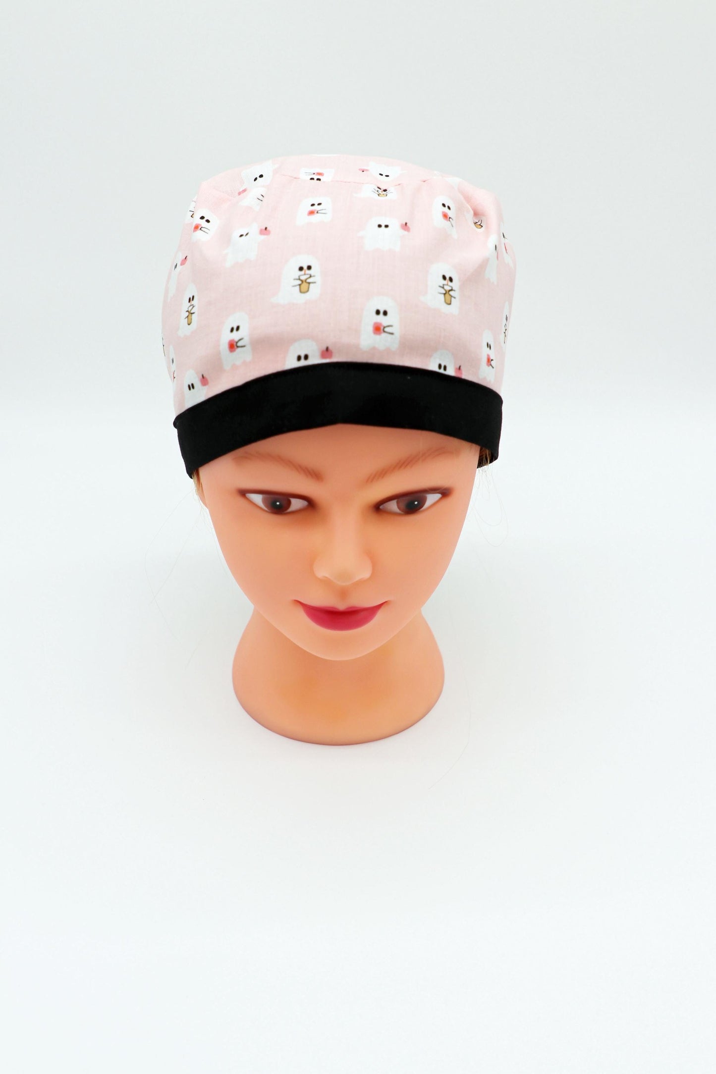 Halloween Scrub Cap: Ghost with Coffee, Ponytail or Traditional