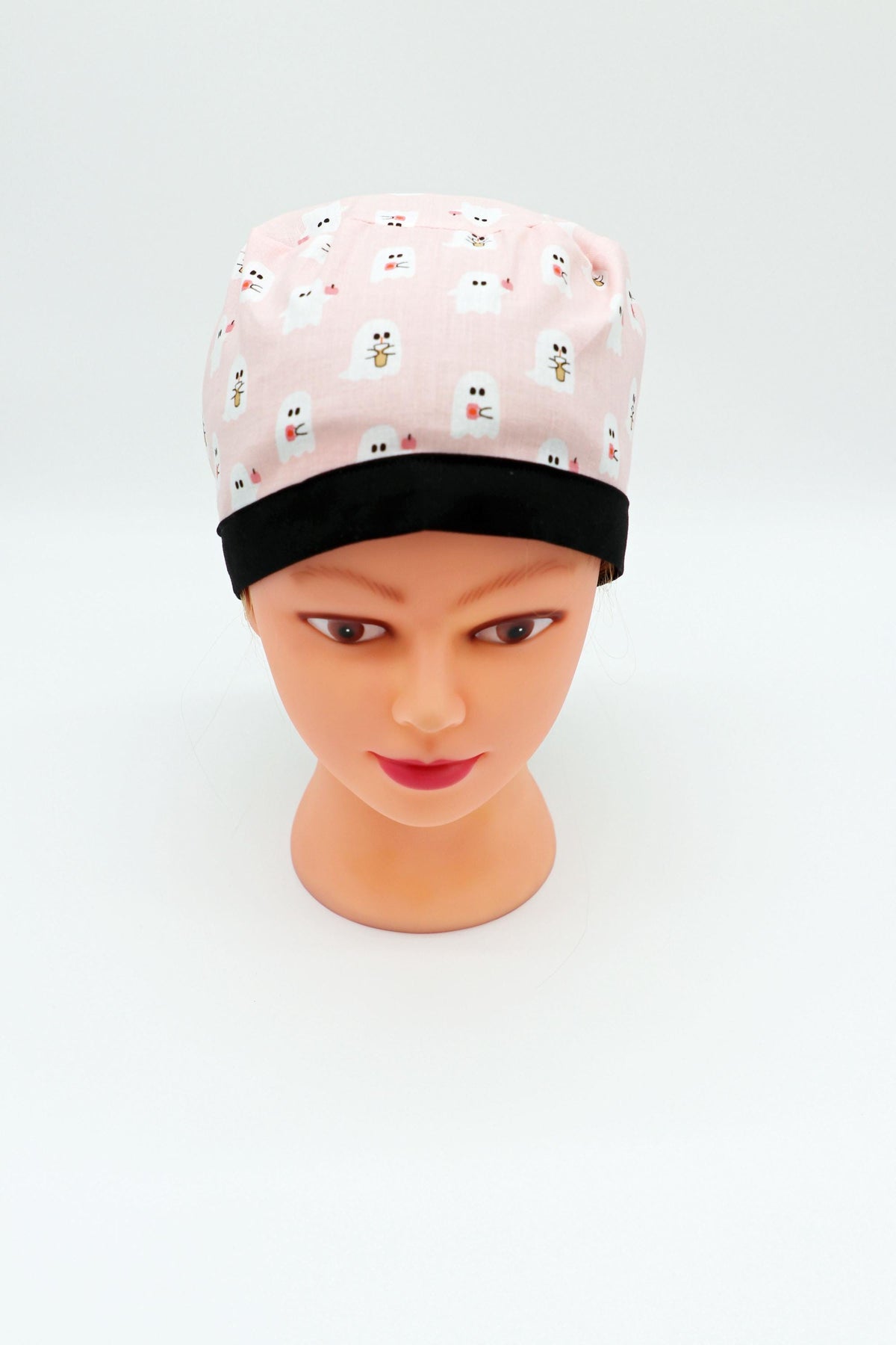 Halloween Scrub Cap: Ghost with Coffee, Ponytail or Traditional