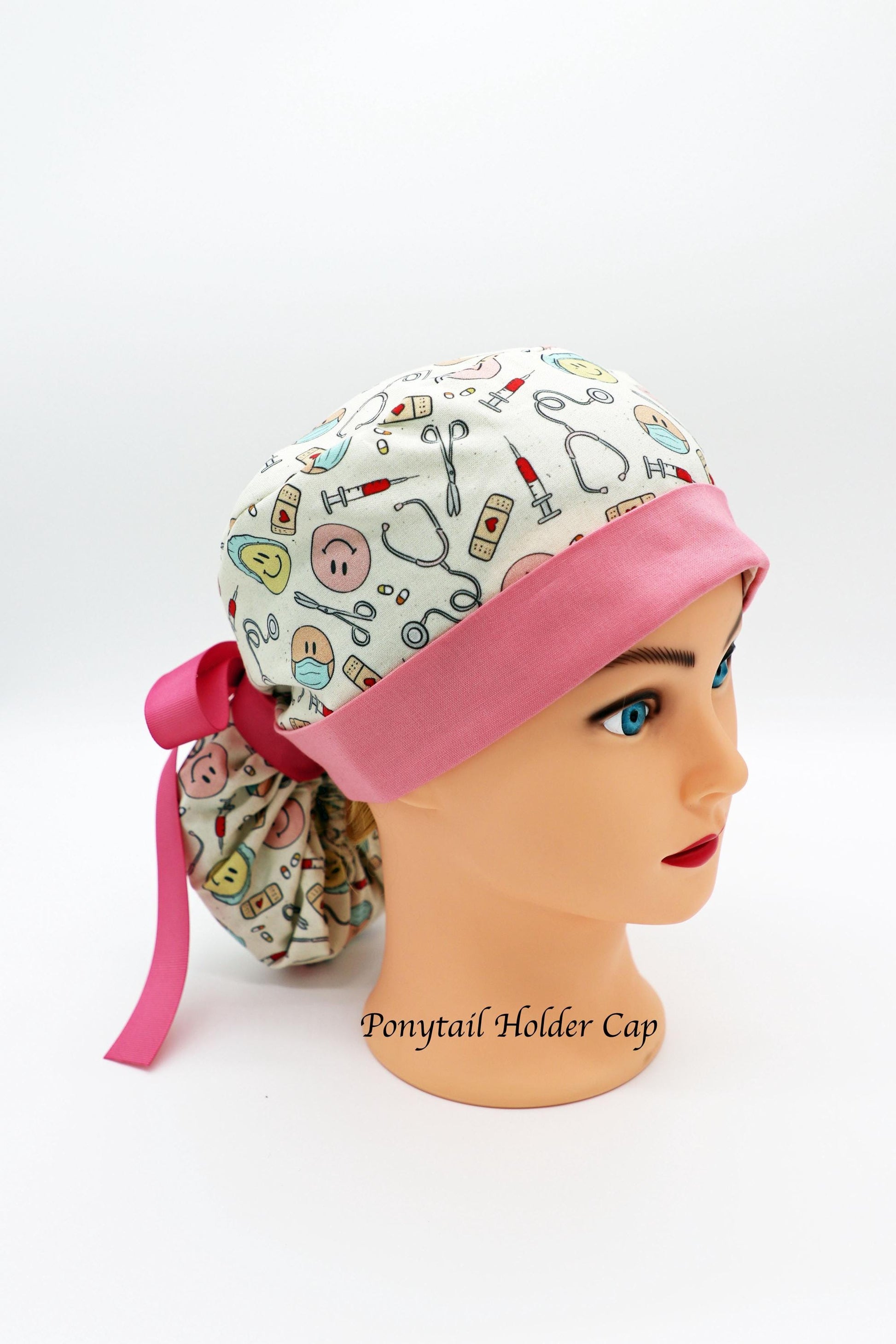 Nurse Scrub Cap, Ponytail Holder Cap, Medical Surgical Scrub Cap, Happy Face Scrub Cap, RN Scrub Crap, OR Scrub Cap, Scrub Tech Cap, RT Cap