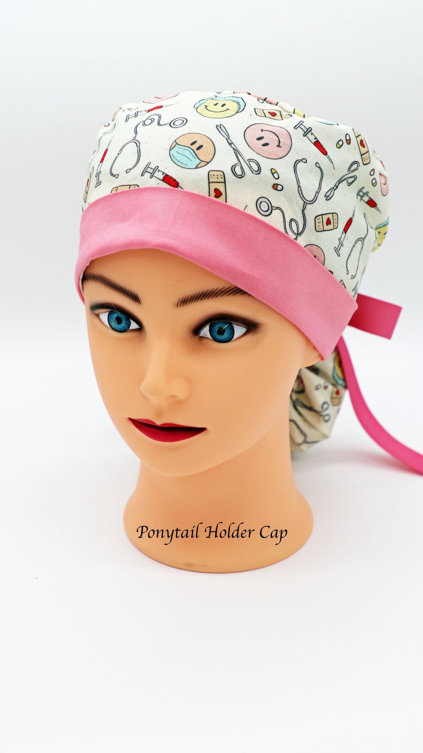 Nurse Scrub Cap, Ponytail Holder Cap, Medical Surgical Scrub Cap, Happy Face Scrub Cap, RN Scrub Crap, OR Scrub Cap, Scrub Tech Cap, RT Cap
