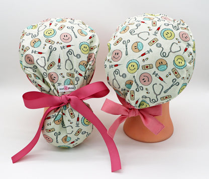 Happy Face Nurse Scrub Cap: Ponytail or Traditional Cotton Surgical Cap