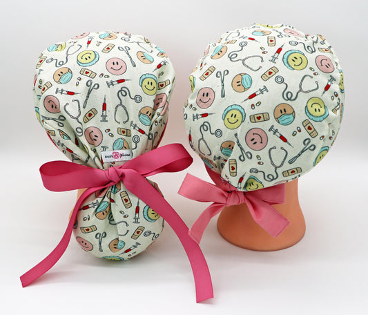 Happy Face Nurse Scrub Cap: Ponytail or Traditional Cotton Surgical Cap