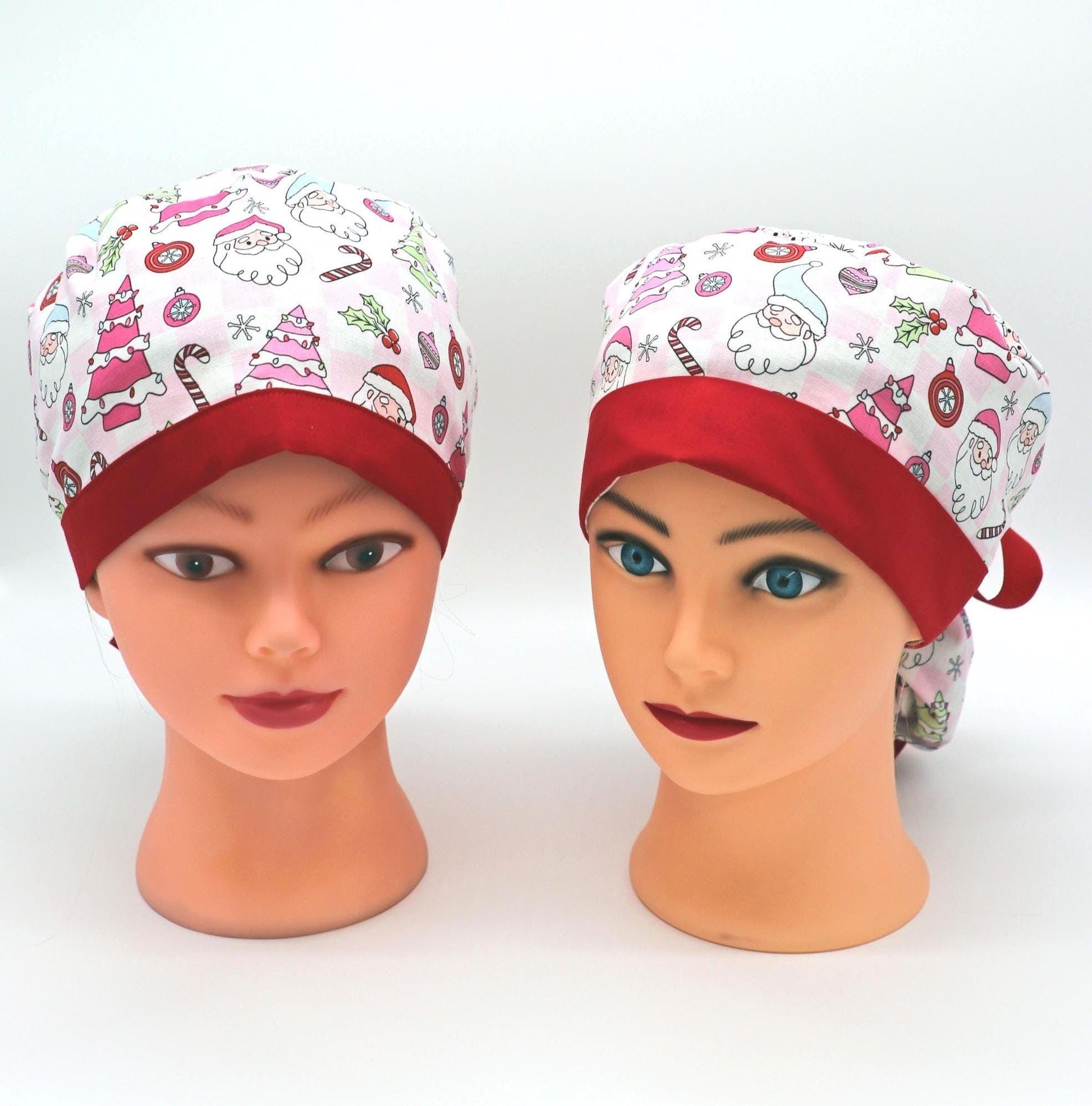 Pink Christmas Nursing Scrub Cap, RN Scrub Cap, Ponytail Holder Scrub Cap, Nurse Hair Cover, RT Scrub Cap, MD Scrub Cap, Christmas Gift