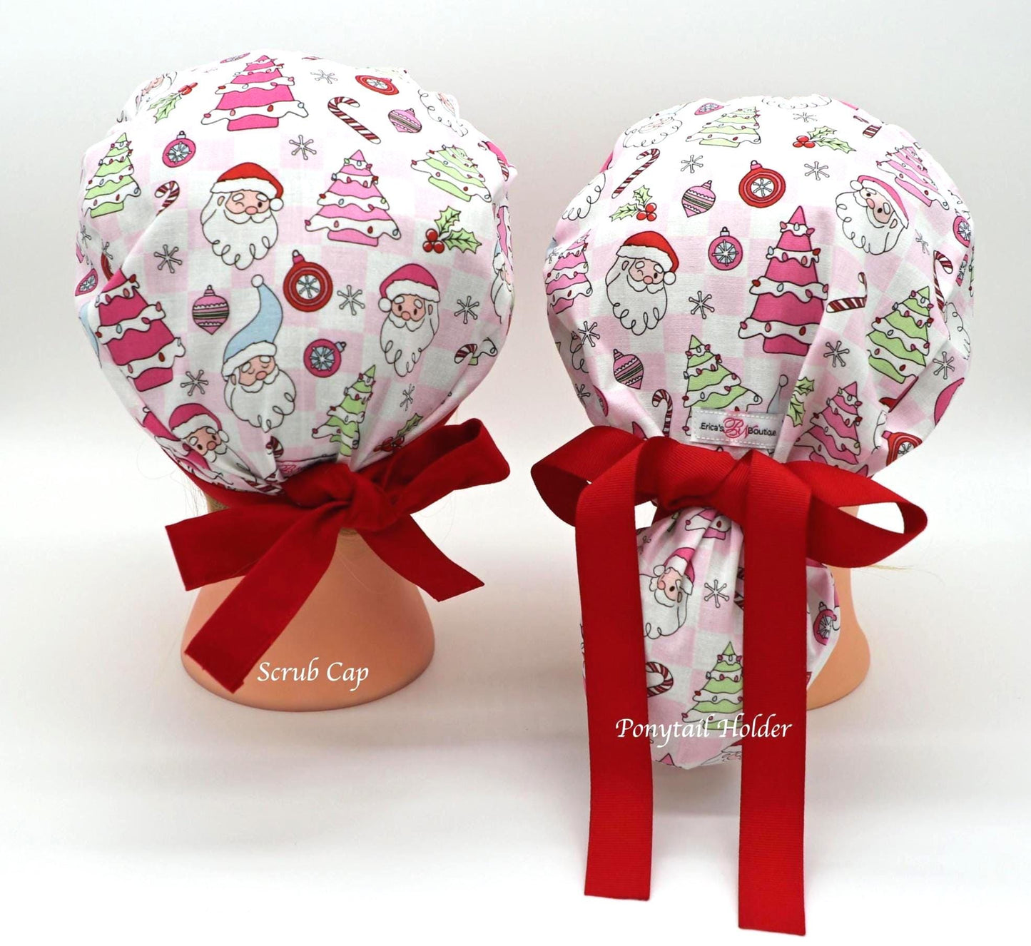 Pink Christmas Nursing Scrub Cap, RN Scrub Cap, Ponytail Holder Scrub Cap, Nurse Hair Cover, RT Scrub Cap, MD Scrub Cap, Christmas Gift