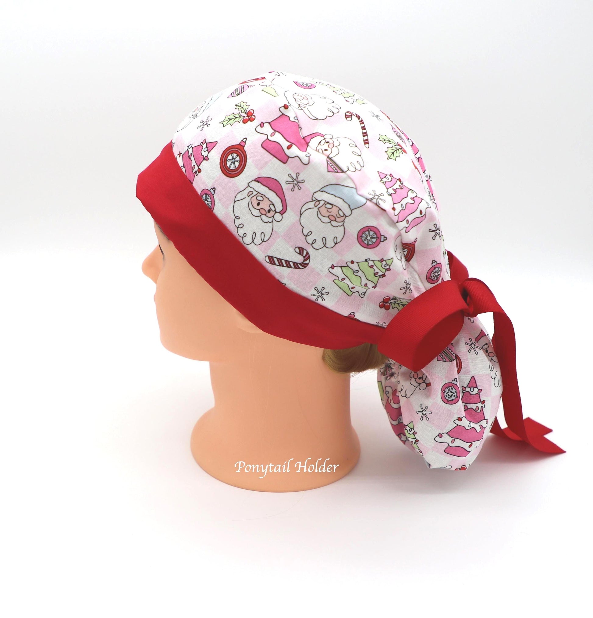 Pink Christmas Nursing Scrub Cap, RN Scrub Cap, Ponytail Holder Scrub Cap, Nurse Hair Cover, RT Scrub Cap, MD Scrub Cap, Christmas Gift