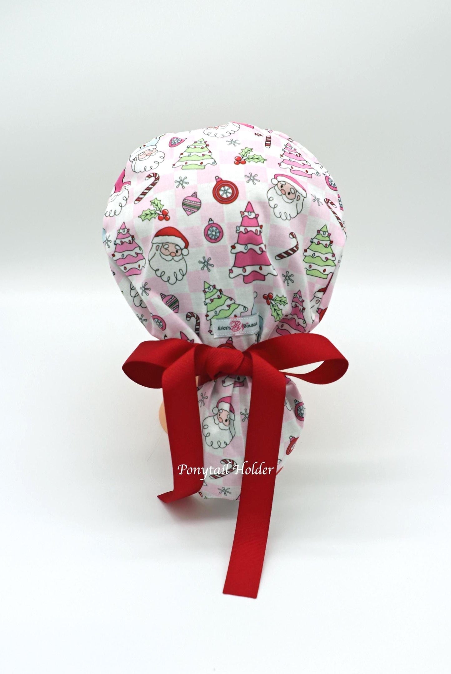 Pink Christmas Nursing Scrub Cap, RN Scrub Cap, Ponytail Holder Scrub Cap, Nurse Hair Cover, RT Scrub Cap, MD Scrub Cap, Christmas Gift