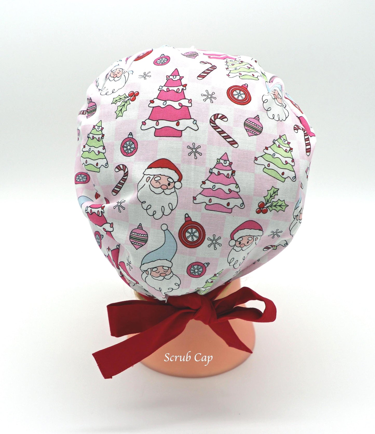 Pink Christmas Nursing Scrub Cap, RN Scrub Cap, Ponytail Holder Scrub Cap, Nurse Hair Cover, RT Scrub Cap, MD Scrub Cap, Christmas Gift