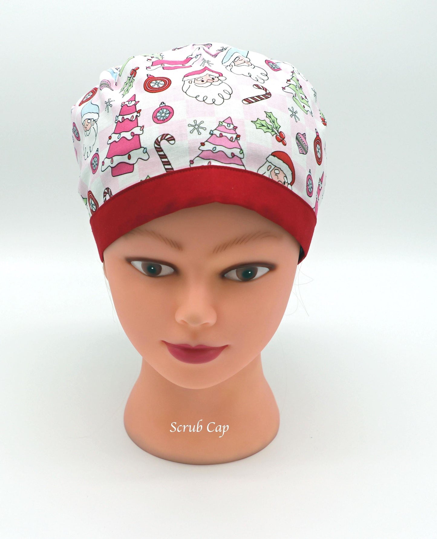 Pink Christmas Nursing Scrub Cap, RN Scrub Cap, Ponytail Holder Scrub Cap, Nurse Hair Cover, RT Scrub Cap, MD Scrub Cap, Christmas Gift