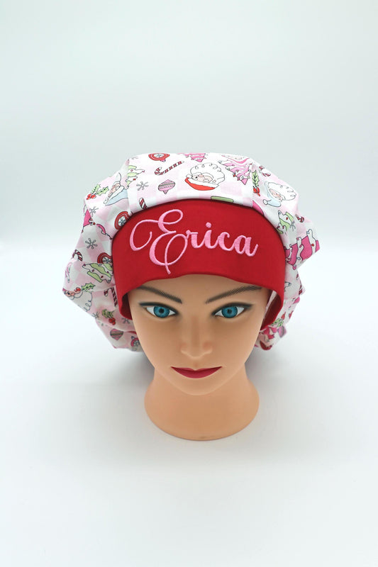 Bouffant Nurse Scrub Cap, Ponytail Holder Scrub Cap, Personalized Scrub Cap, Personalized Bouffant, RN Scrub Cap, Christmas Scrub Cap
