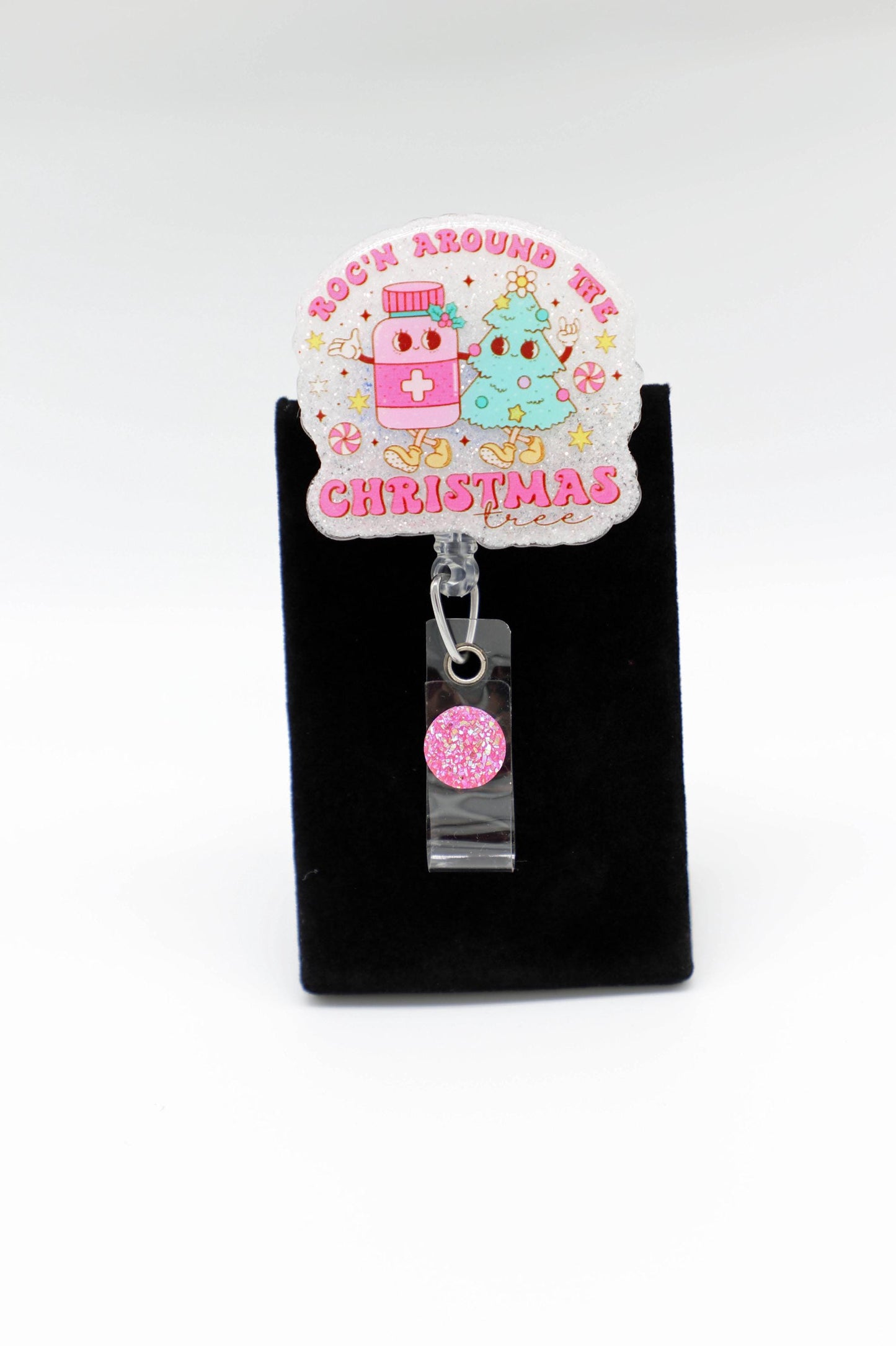 Roc'n Around the Christmas Tree Badge Reel, RN Badge Reel, Christmas badge reel, Pink Christmas badge reel, ICU Nurse Badge Reel