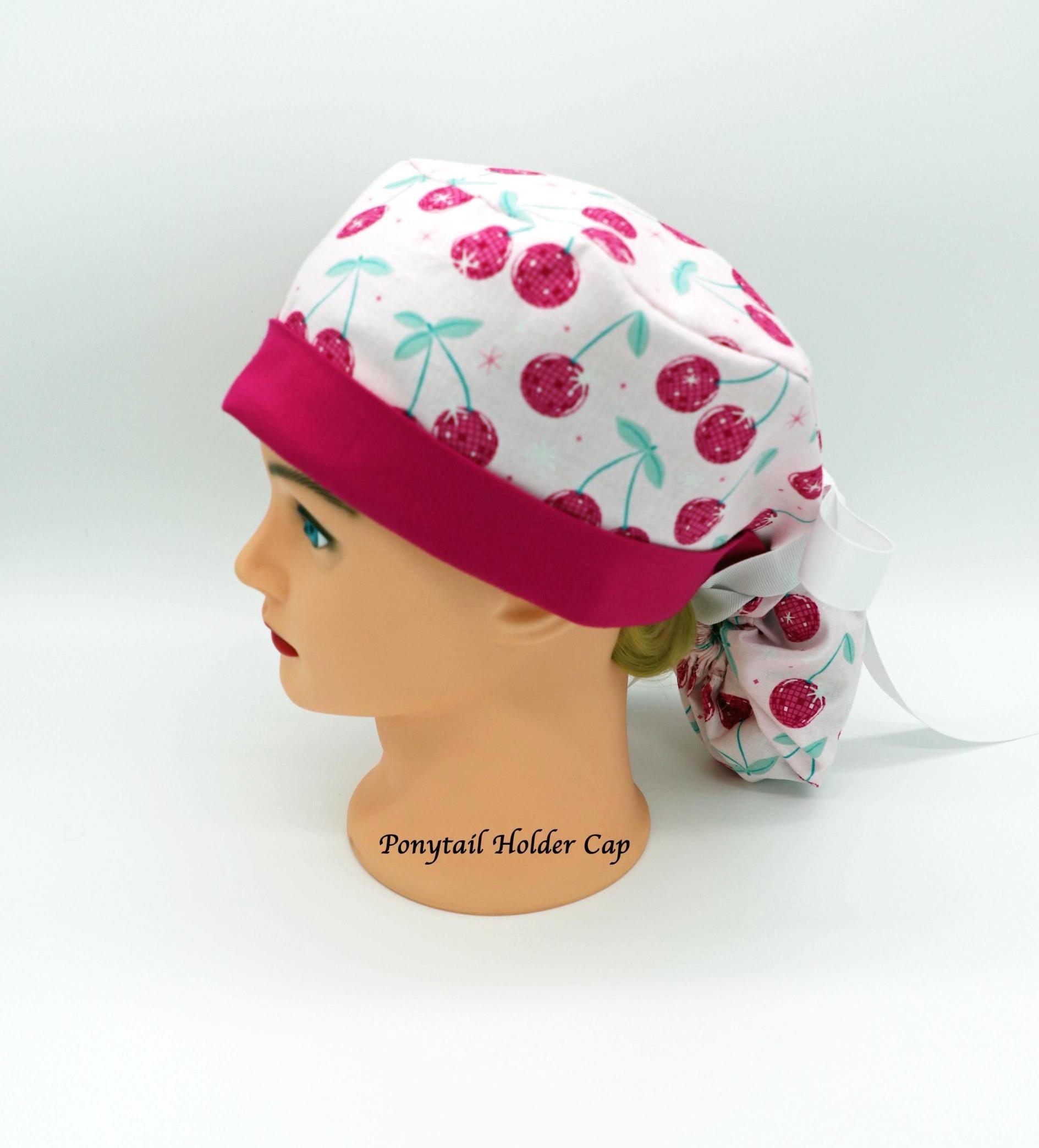 Disco Cherry Nurse Scrub Cap, Ponytail Holder Scrub Cap, RN Scrub Cap