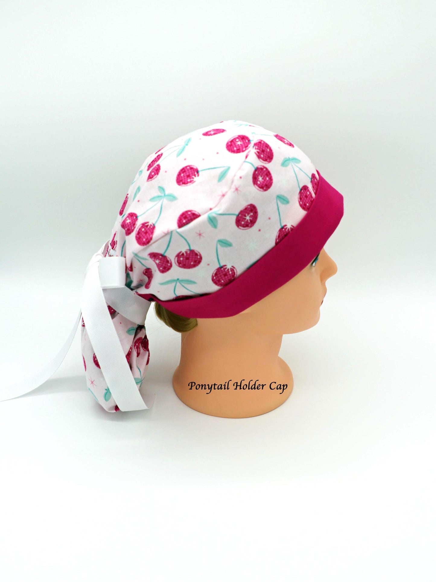 Disco Cherry Nurse Scrub Cap, Ponytail Holder Scrub Cap, RN Scrub Cap