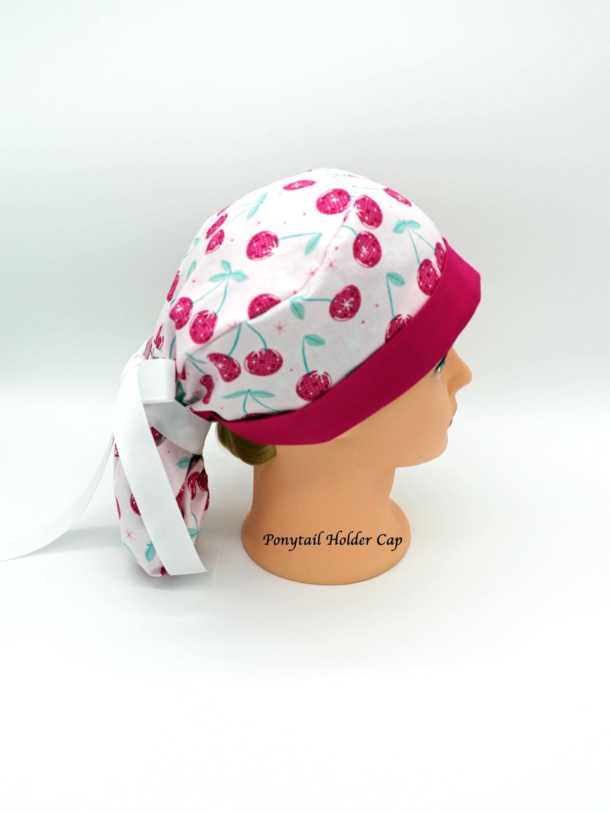Disco Cherry Nurse Scrub Cap, Ponytail Holder Scrub Cap, RN Scrub Cap